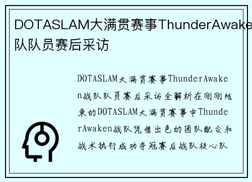 DOTASLAM大满贯赛事ThunderAwaken战队队员赛后采访