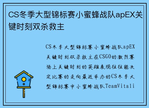 CS冬季大型锦标赛小蜜蜂战队apEX关键时刻双杀救主